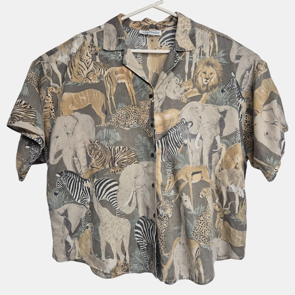 Lady Caribou Womens 44 Blouse ButtonUp Top Short Sleeve Safari Print Tan Vintage